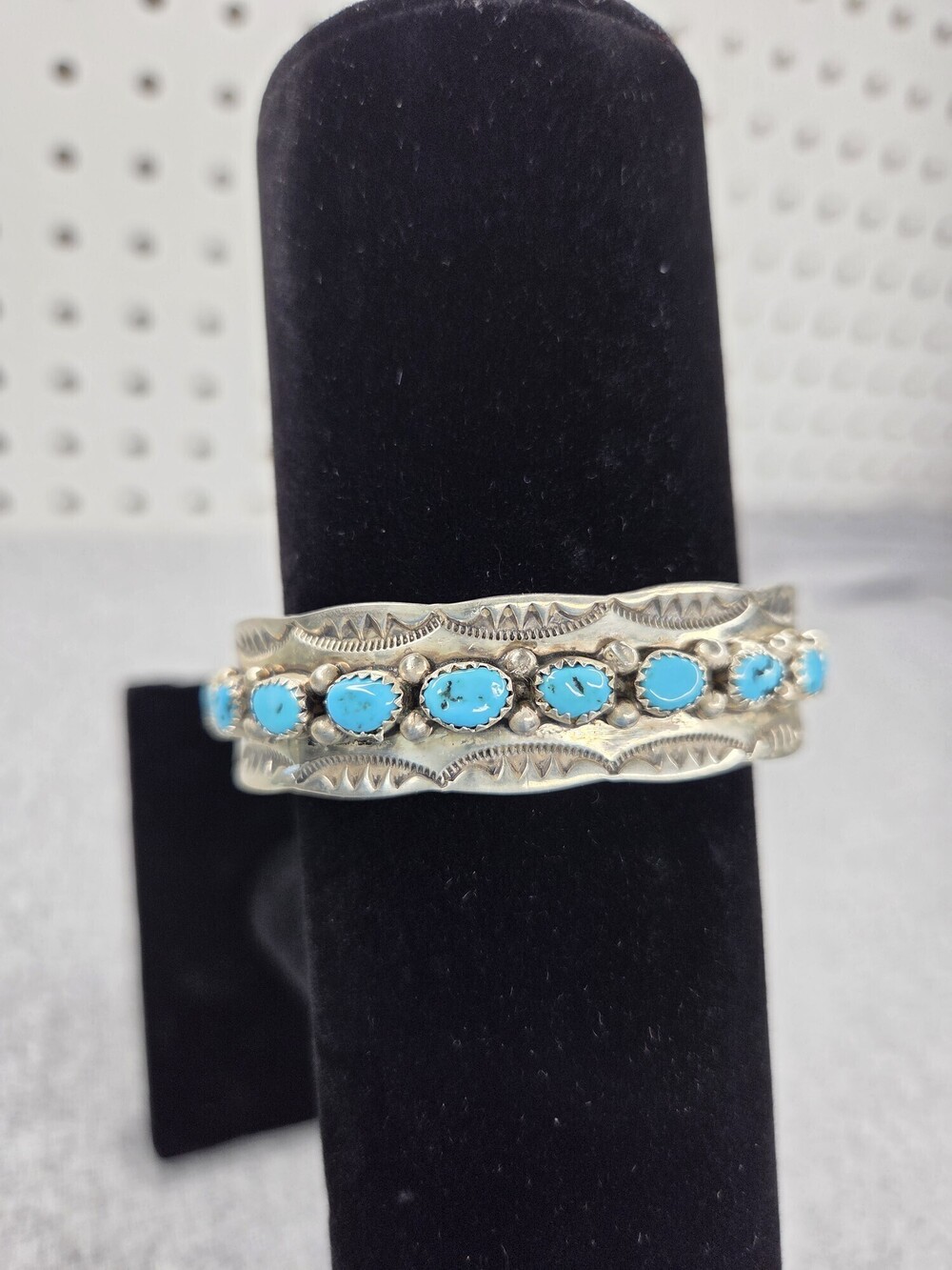 Chester Charley Navajo Sterling Silver Turquoise Row Cuff Bracelet Vintage